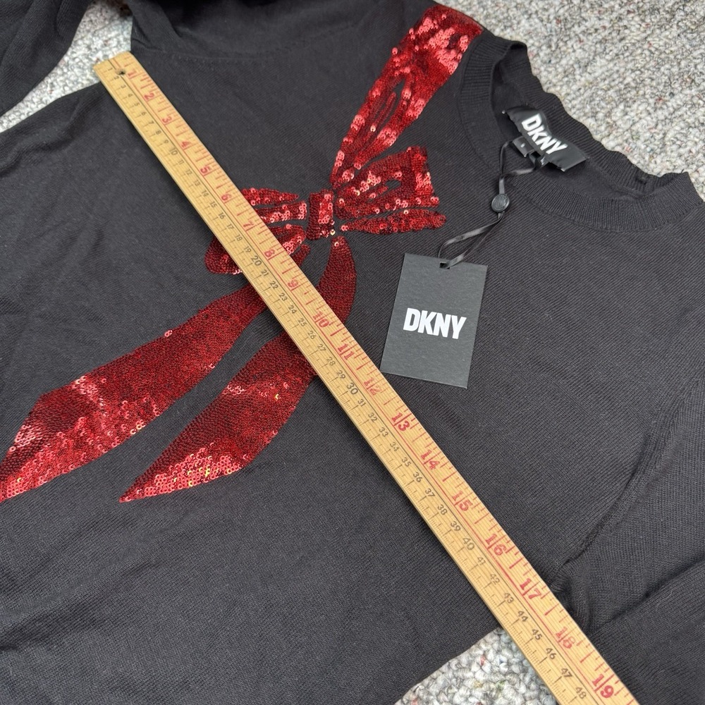 DKNY Womens Small Black Red Sequin Bow Crew Neck Holiday Sweater NWT - Picture 5 of 8